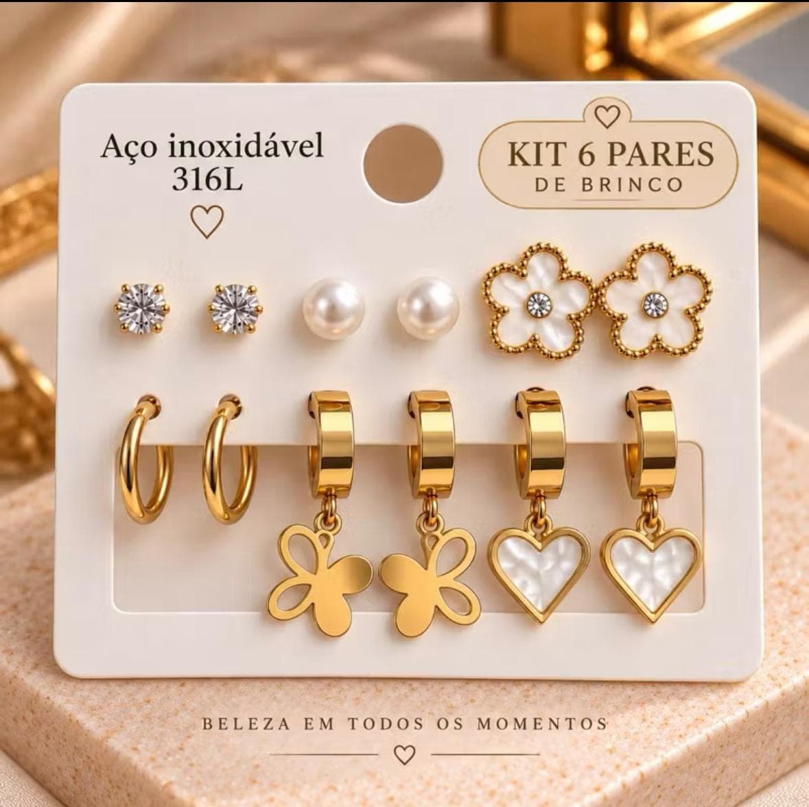 Kit 6 Pares · Flores e Corações, Aço inox 316L dourado, com pérolas e zircônias
