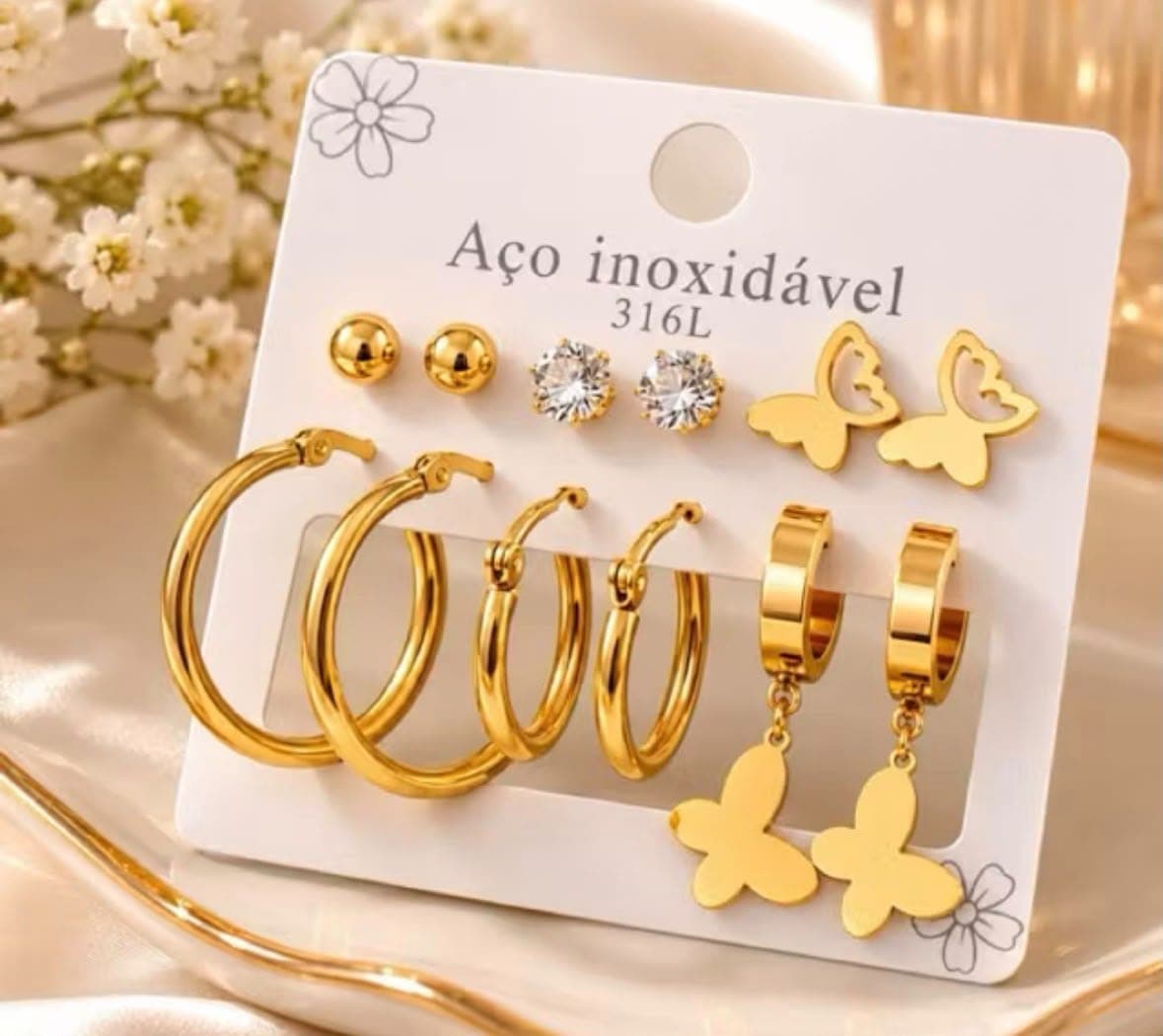 Kit 6 Pares · Argolas e Borboletas, Aço inox 316L dourado, com zircônias